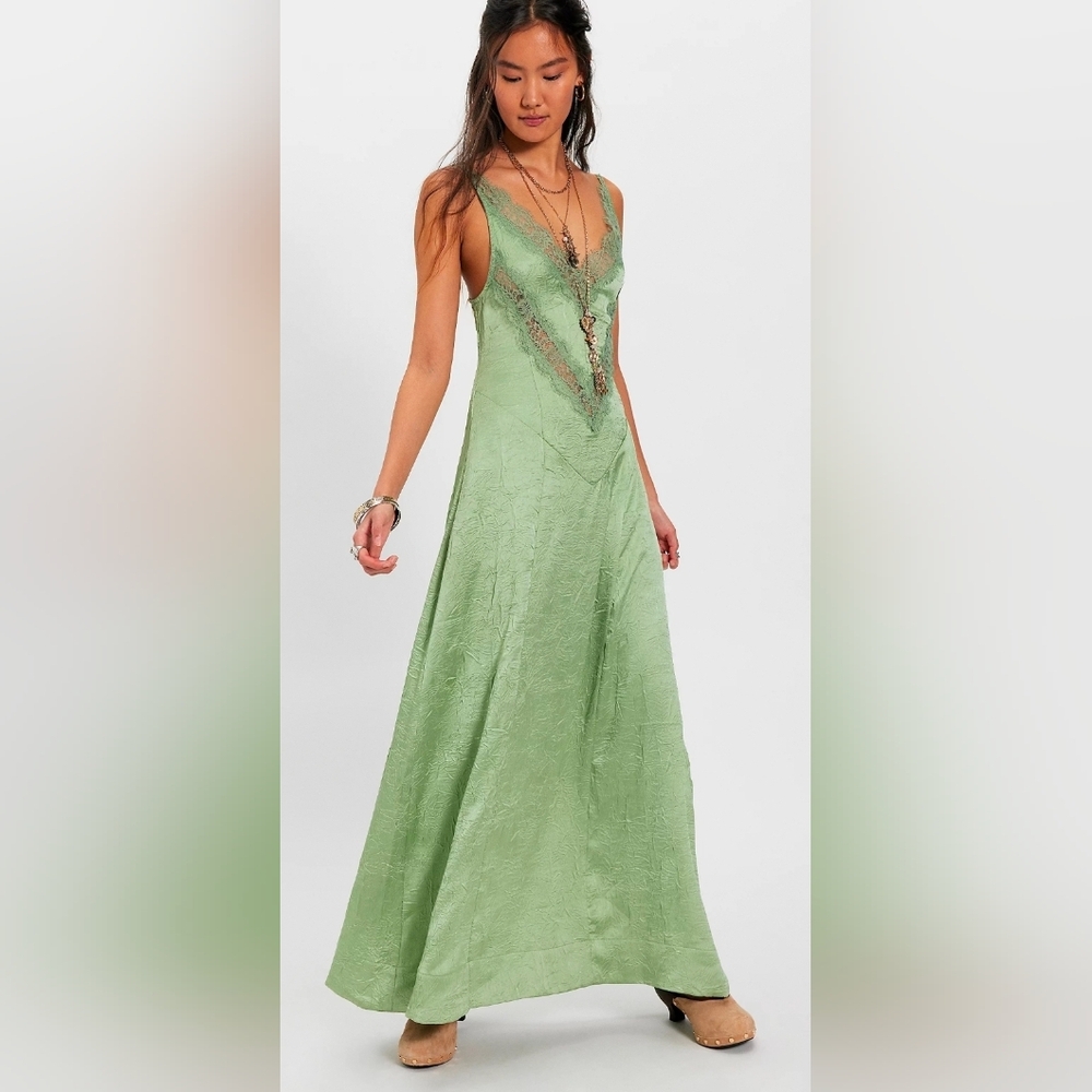 Free People Light Sage Lace-Trim Maxi Slip Dress - Picture 2 of 5